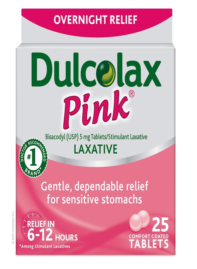 Dulcolax Pink Overnight Relief Stimulant Laxative, Bisacodyl, 5 mg Comfort Coated Tablets, 25 Count - Image 1